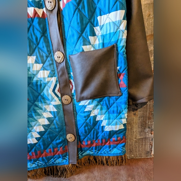 New Handcrafted By Donna Originals Aztec Blue Coat With Faux Suede Sleeves - Picture 7 of 15
